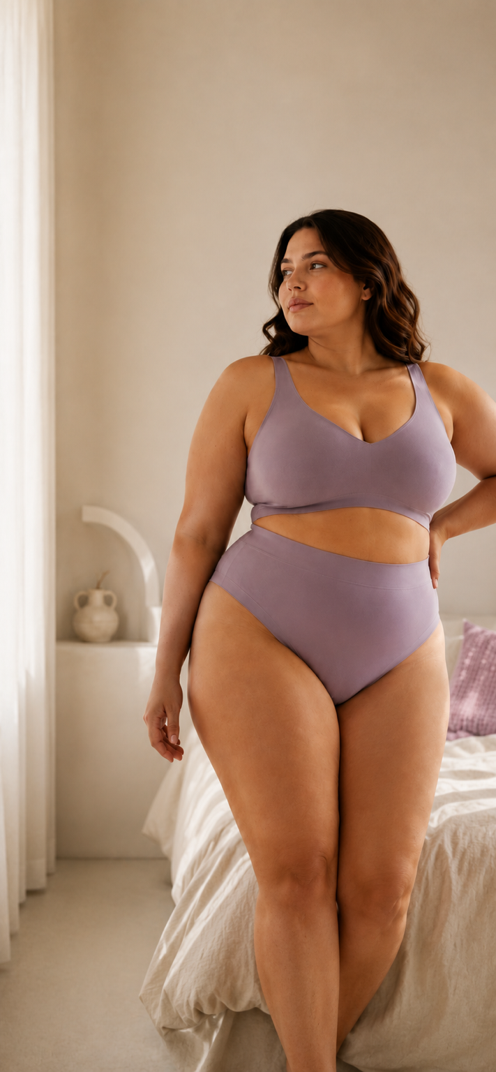 Model wearing the mauve wireless comfy bra and matching high-waisted brief, standing in a sunlit bedroom with linen bedding