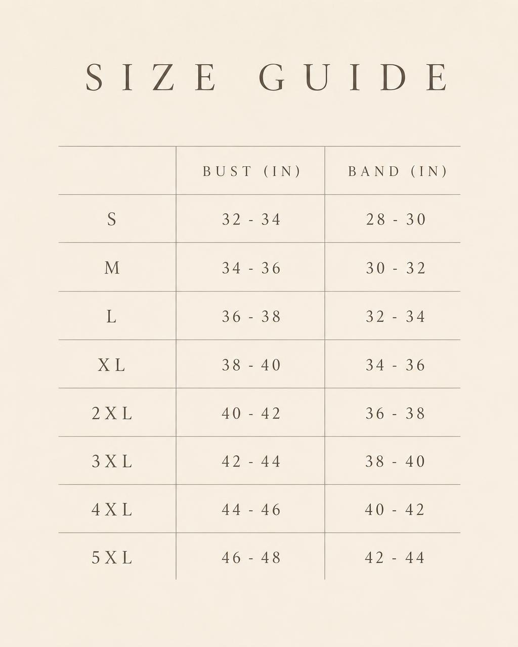 Size guide, S through 5XL with bust and band measurements