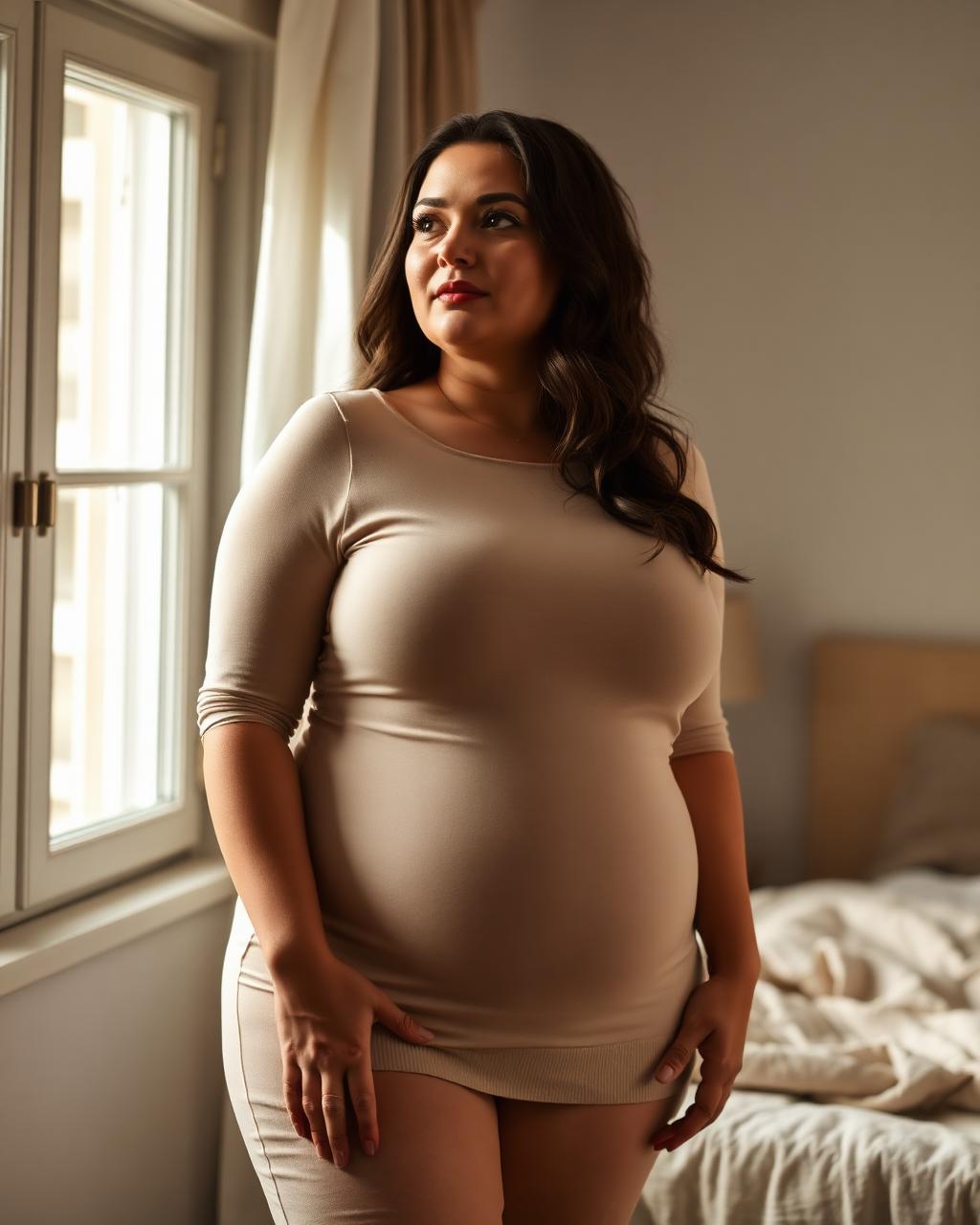 Smooth silhouette under a fine knit top
