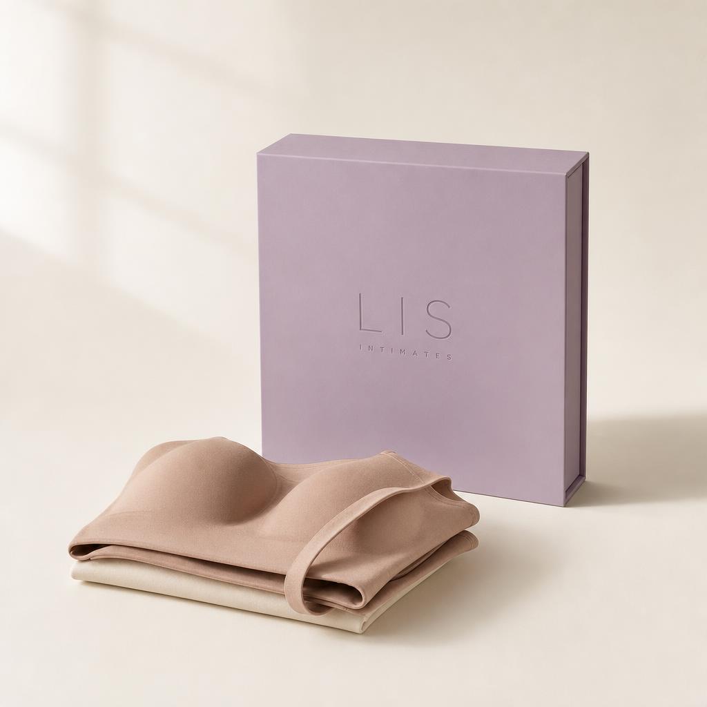 Wireless Comfy Bra folded beside the Valis Intimates box